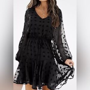 Chic Black Polka Dot Long Sleeve Dress